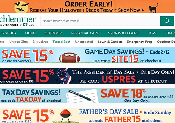 These banners located at the top of the site were created to drive sales and customer engagement. We test and discovered themed promos did better than promos that were not themed.