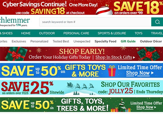 These banners located at the top of the site were created to drive sales and customer engagement. We test and discovered themed promos did better than promos that were not themed.